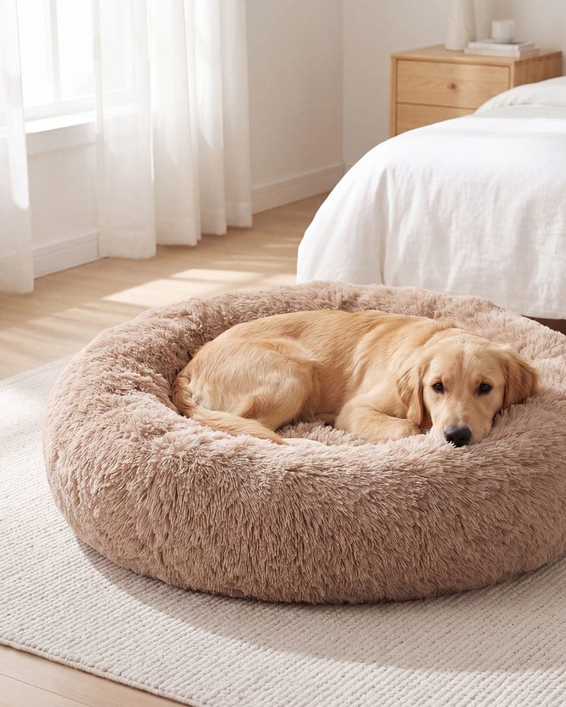 Golden retriever śpi w legowisku w sypialni