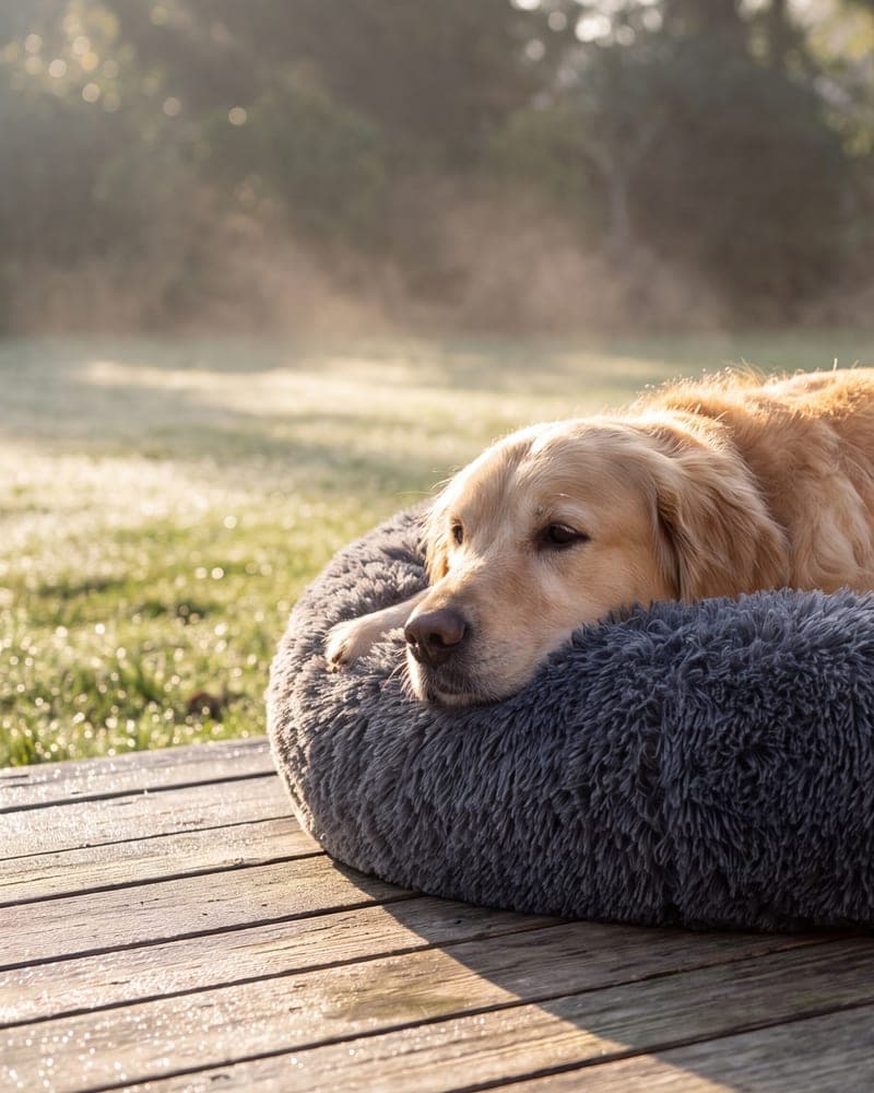 Golden retriever w legowisku na drewnianym tarasie